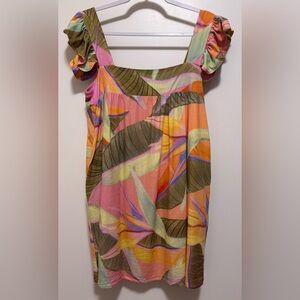 Anthropologie Kourt Linen Rayon Tropical Babydoll Mini Dress size M